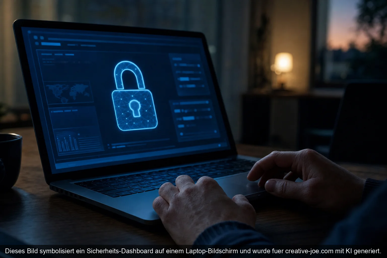 Laptop mit Sicherheits-Dashboard und Schloss-Symbol im abgedunkelten Raum