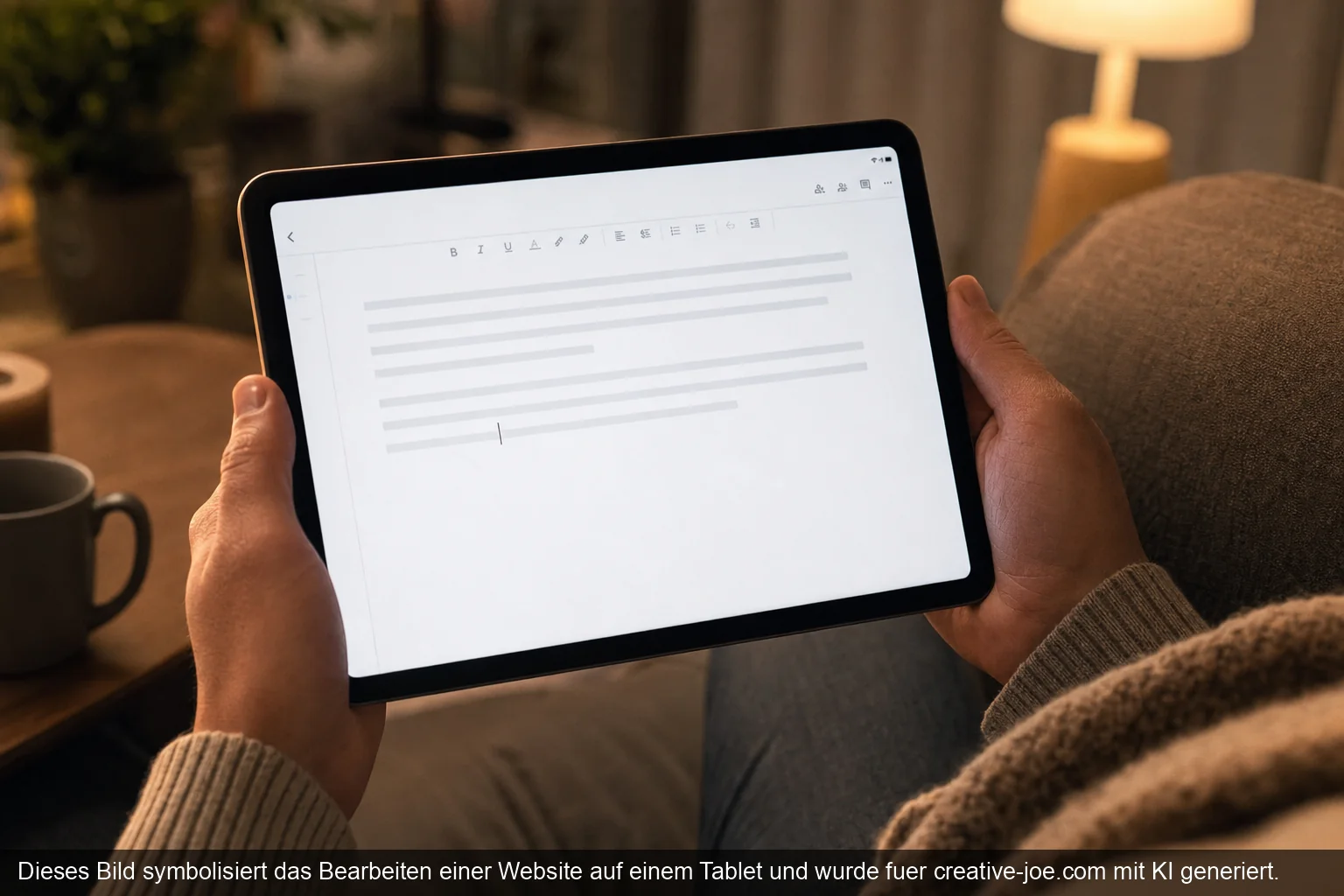 Person bearbeitet einen Text auf einem Tablet im Schoß sitzend