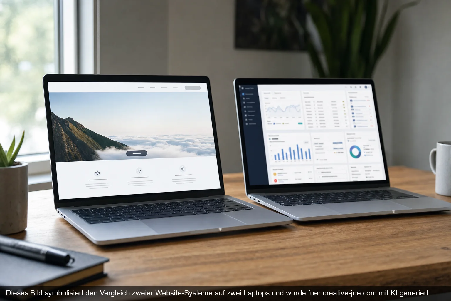 Zwei Laptops nebeneinander mit unterschiedlichen Webseiten-Layouts im Vergleich