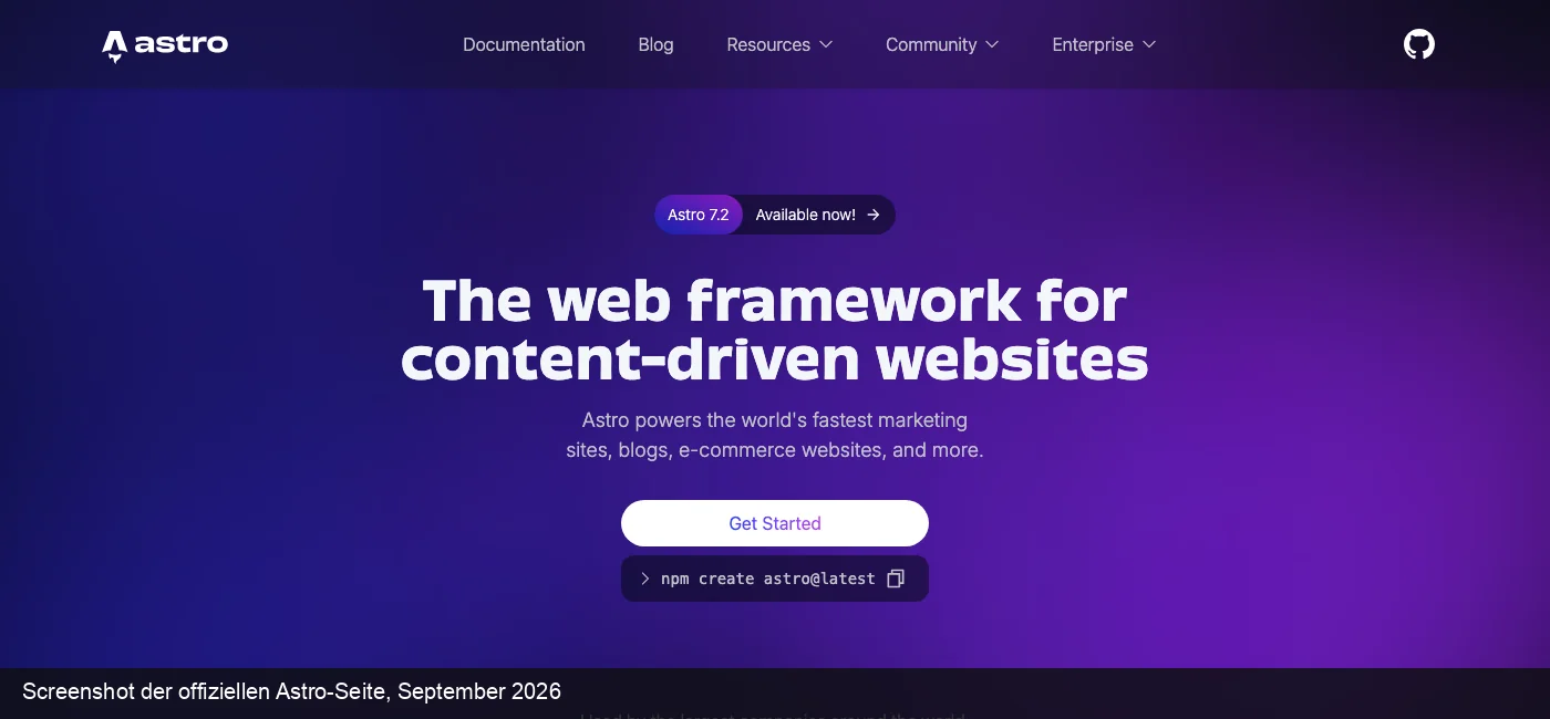 Screenshot der offiziellen Astro-Seite: Startseite mit Logo, Headline "The web framework for content-driven websites" und Get-Started-Button