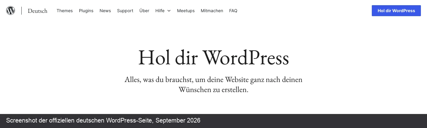 Screenshot der offiziellen deutschen WordPress-Seite mit Logo und der Headline 'Hol dir WordPress'