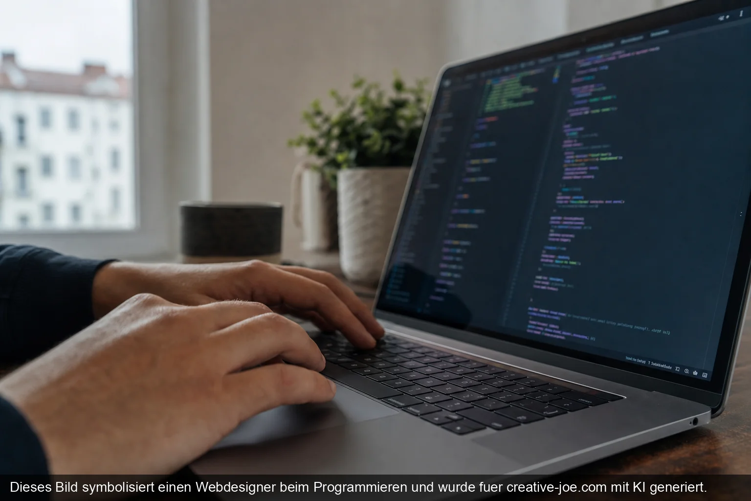 Nahaufnahme eines Laptops mit Code-Editor und bunter Syntax-Hervorhebung